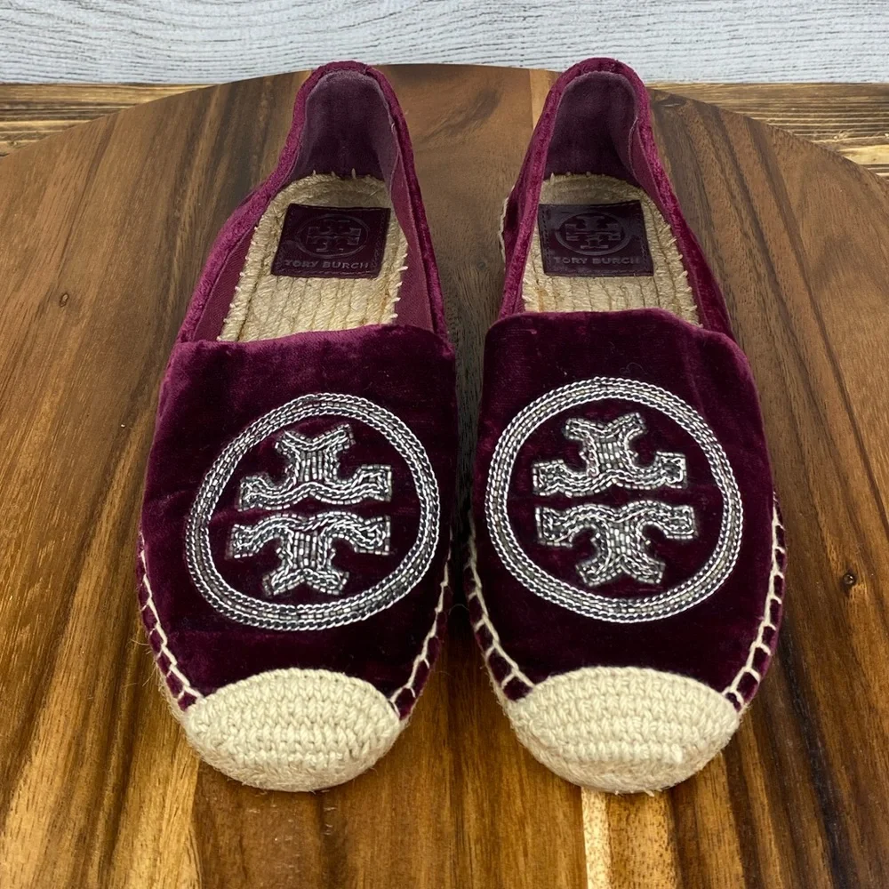 Tory Burch Chain Logo Velvet Espadrilles Bordeaux Purple Flats Women’s Size 6